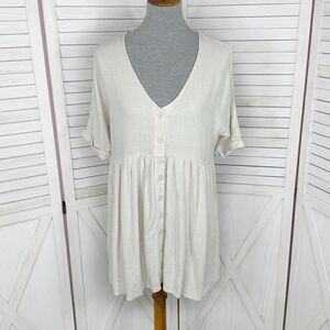 Urban Outfitters Linen Blend Babydoll Mini Dress Beige Small V Neck Button